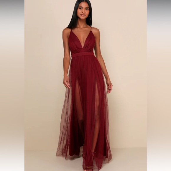 Lulus Dresses & Skirts - Lulus Burgundy Rare Beauty Tulle Backless Dual Front Slits Maxi Dress NWOT S